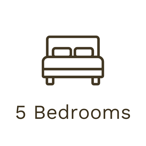 Icon of a bed with two pillows, above the text "5 Bedrooms".