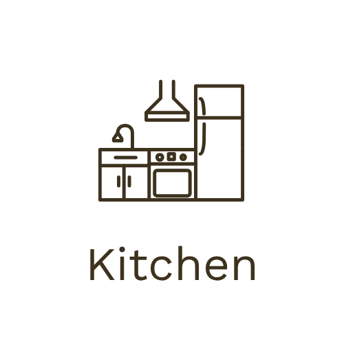 Line drawing of a kitchen with a stove, refrigerator, sink, and range hood, with the word "Kitchen" underneath.