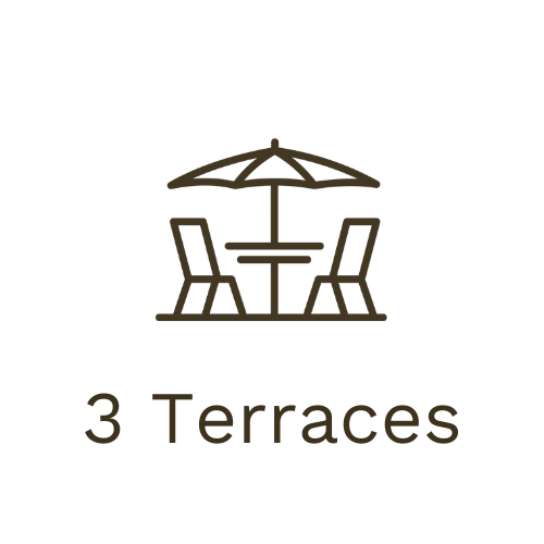 Logo for '3 Terraces' featuring an outdoor table with two chairs and a large umbrella.