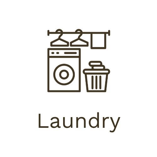 Minimalist line drawing of laundry items including a washing machine, hanging clothes, a laundry basket, and the word 'Laundry' underneath.