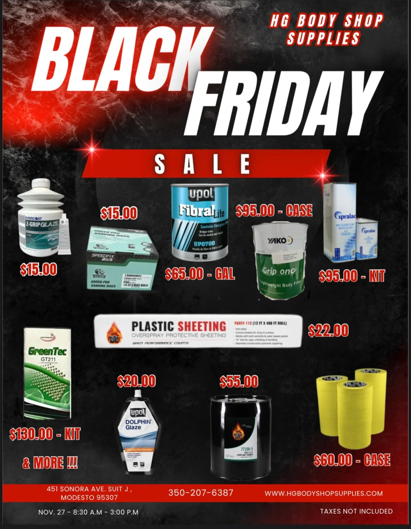 It&rsquo;s ✨ BLACK FRIDAY ALERT! ✨

🔺HG Body Shop Supplies is kicking off Black Friday THIS THURSDAY!

🕗 8:30 AM &ndash; 3:00 PM

⏳ While supplies last!

🔥 Huge Savings on Select Materials

Get incredible discounts on a variety of body shop essent