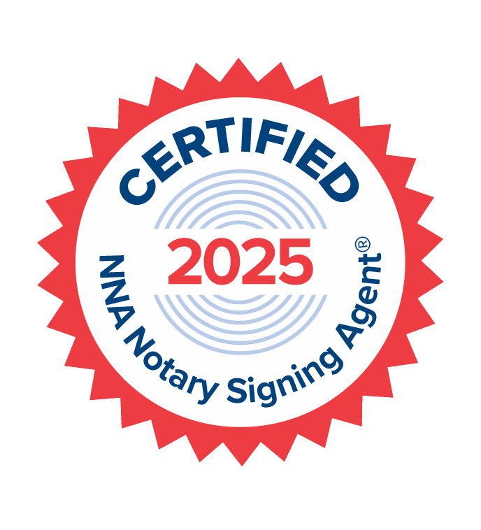 Certified Notary Signing Agent badge for 2025 with red starburst border and blue and red text.