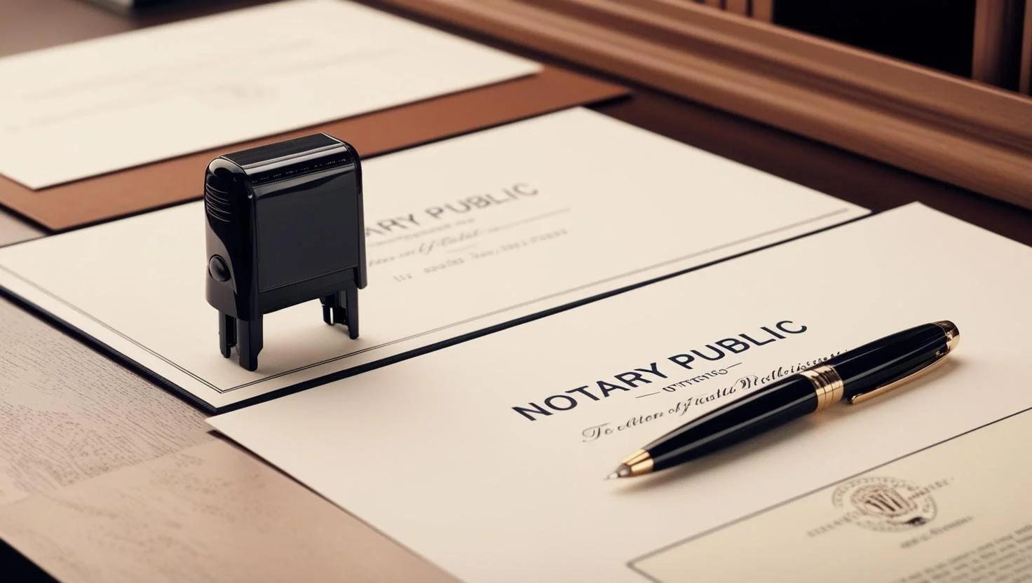 Several notary public documents, a black pen, and a black stamp on a wooden desk.