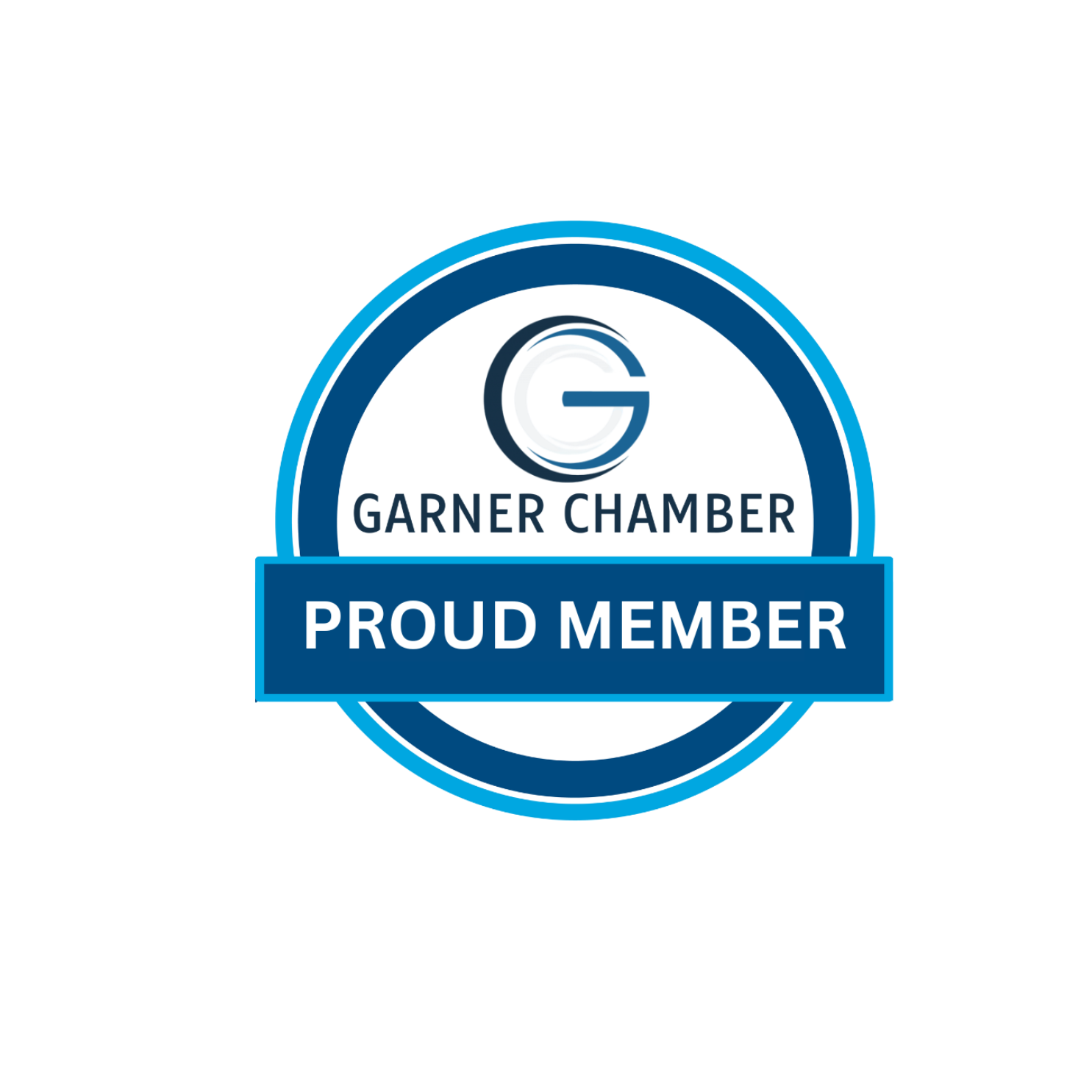 Garner Chamber Proud Member badge in blue and black colors with circular design and a large G at the top.