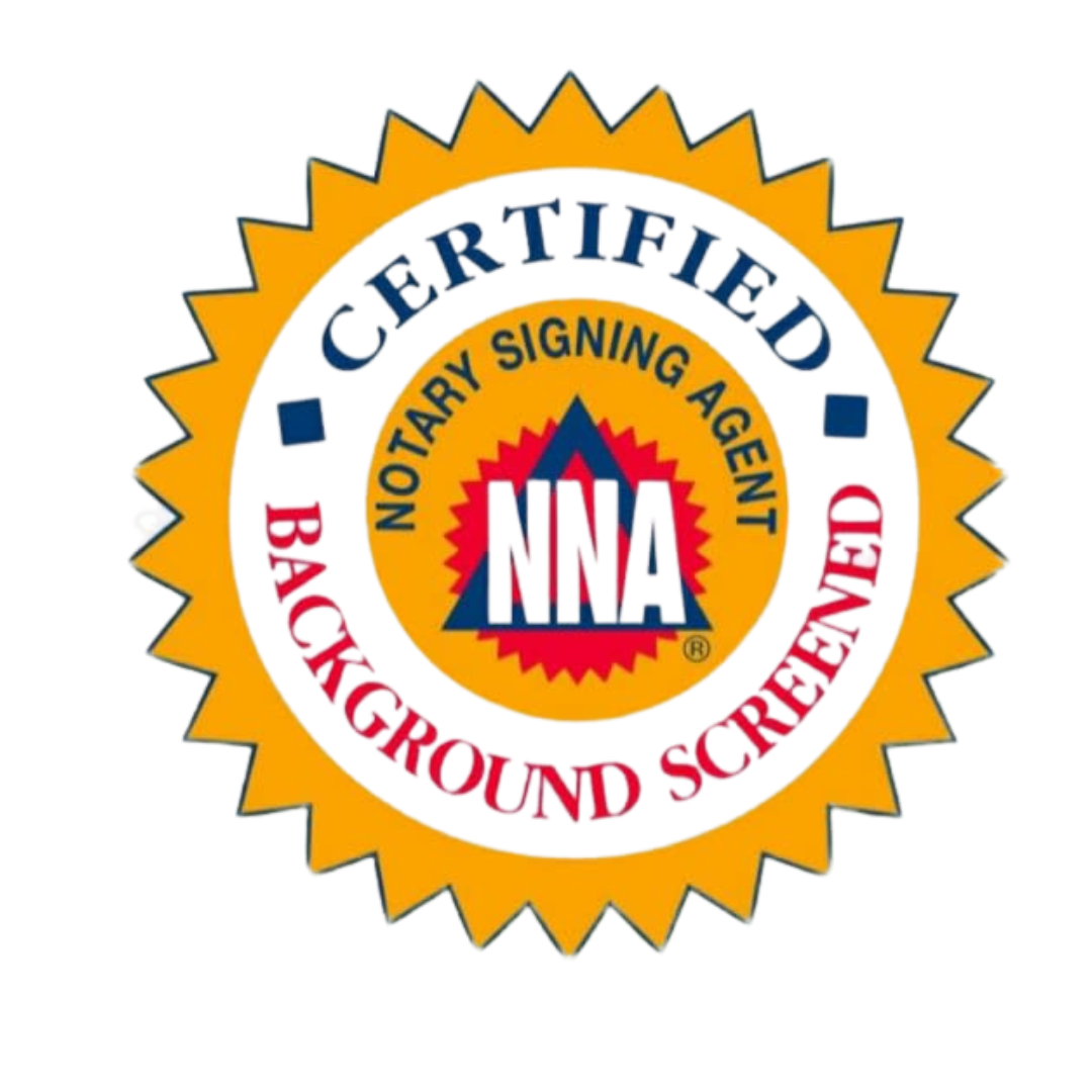 Notary certificate badge with yellow starburst border, blue and red text, and the NRA logo in the center