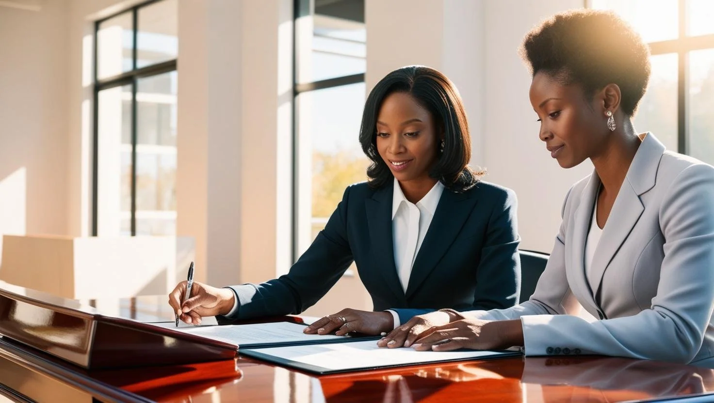 Two women in business attire sitting at a desk, reviewing documents and signing papers in a brightly lit office.