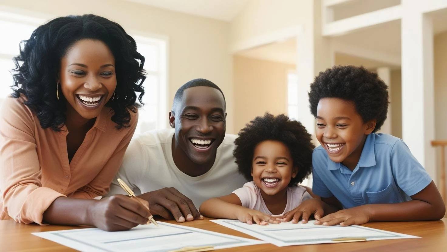 Family of four, including two women and two children, sitting at a table and smiling while signing documents.