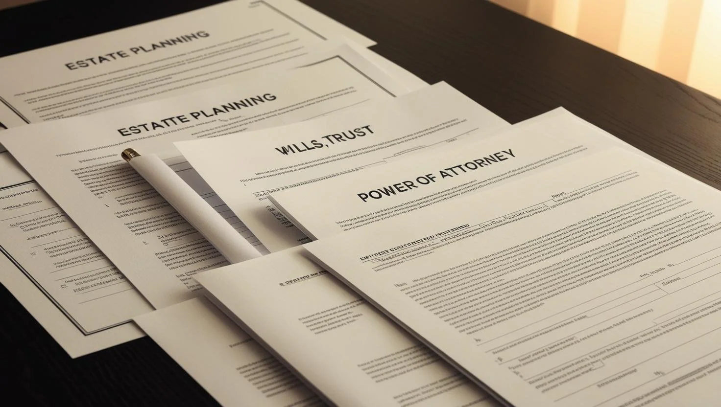 Legal documents including estate planning papers, wills, trust documents, and a power of attorney form spread out on a dark wooden table with a white pen resting on top.