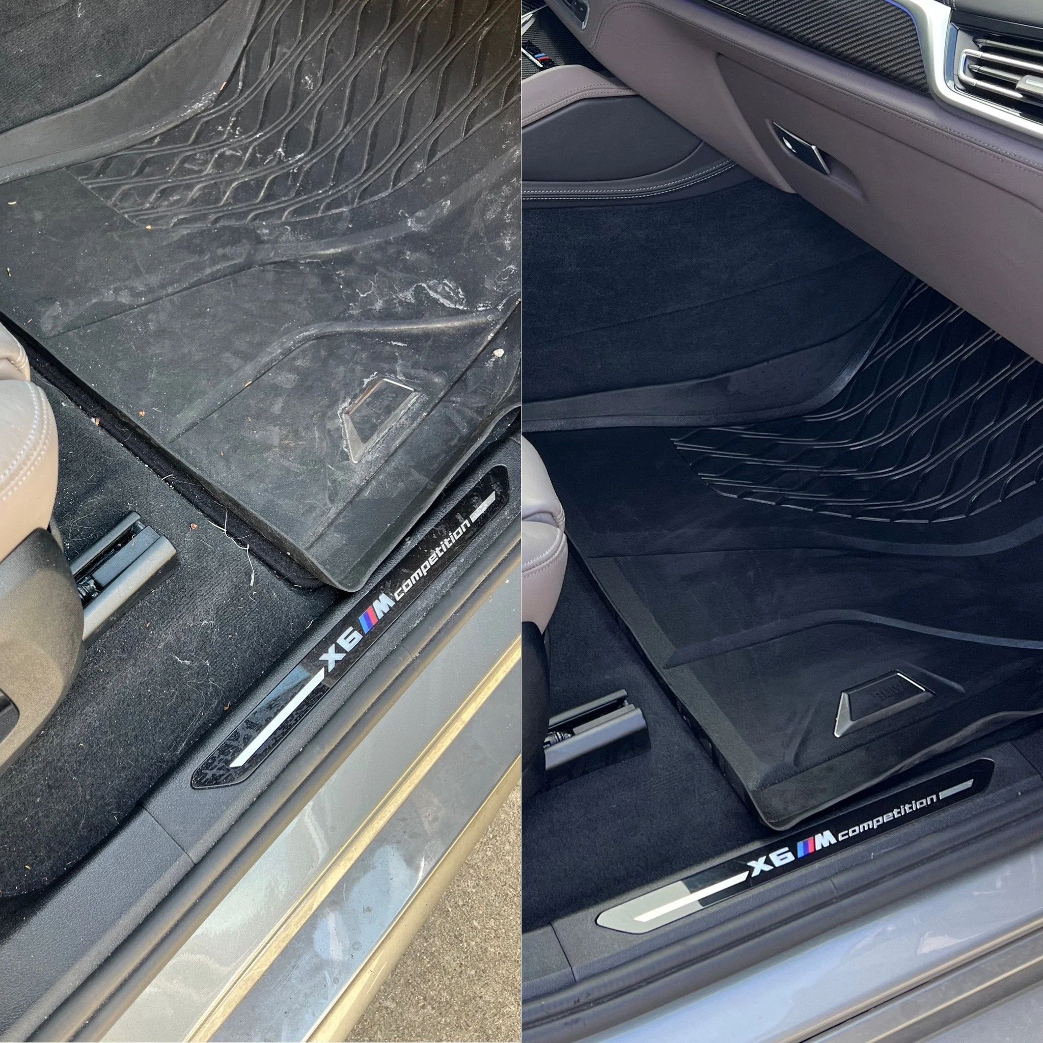 Comparison of dirty and clean car mats in a BMW X6 M Competition