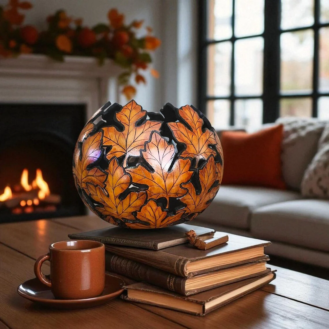Maple leave gourd bowl displayed in cozy living room on top of stacked books.