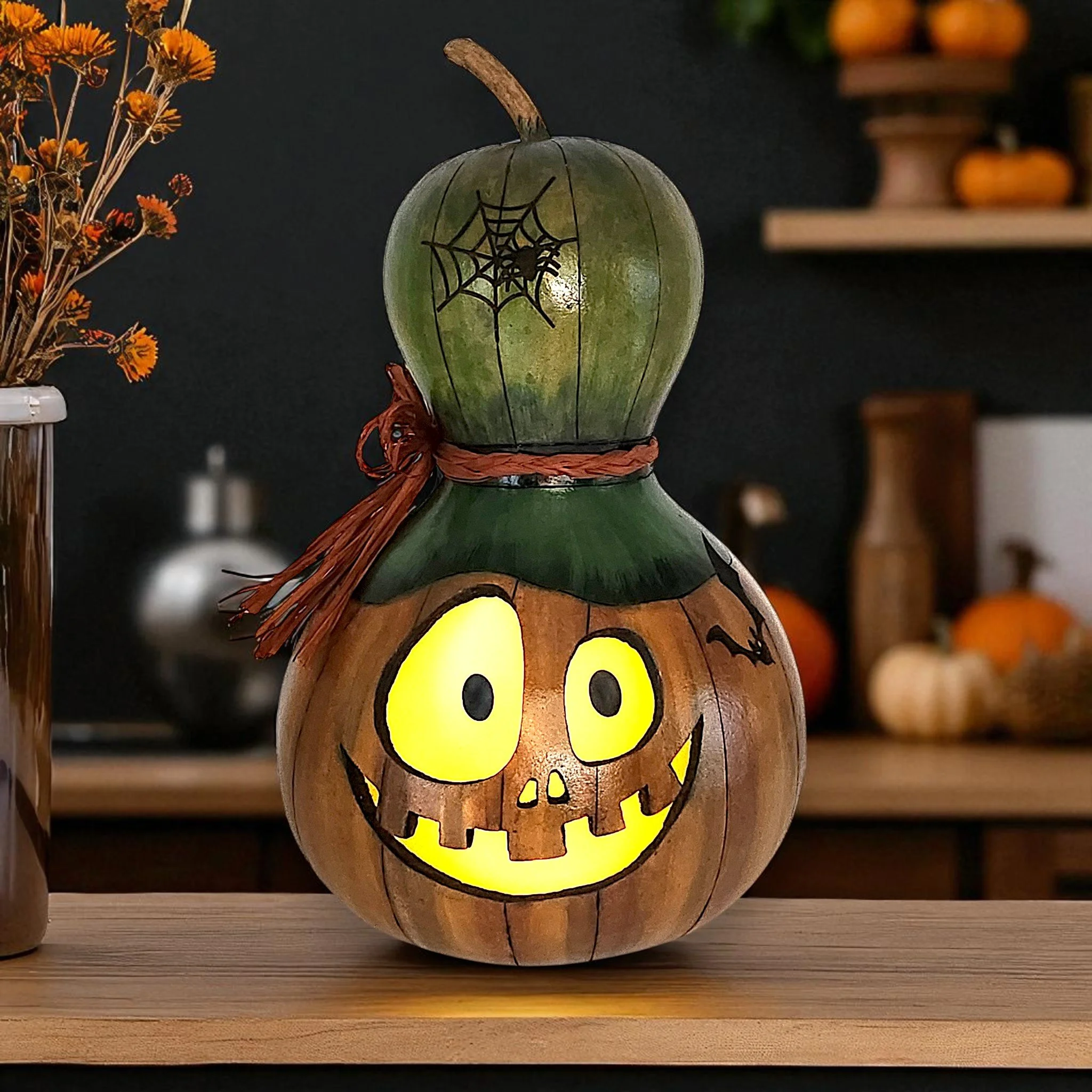 Closeup of carved jack-o'-lantern face with vellum eyes that follow movement, highlighting wood burned lines and flickering candle glow.