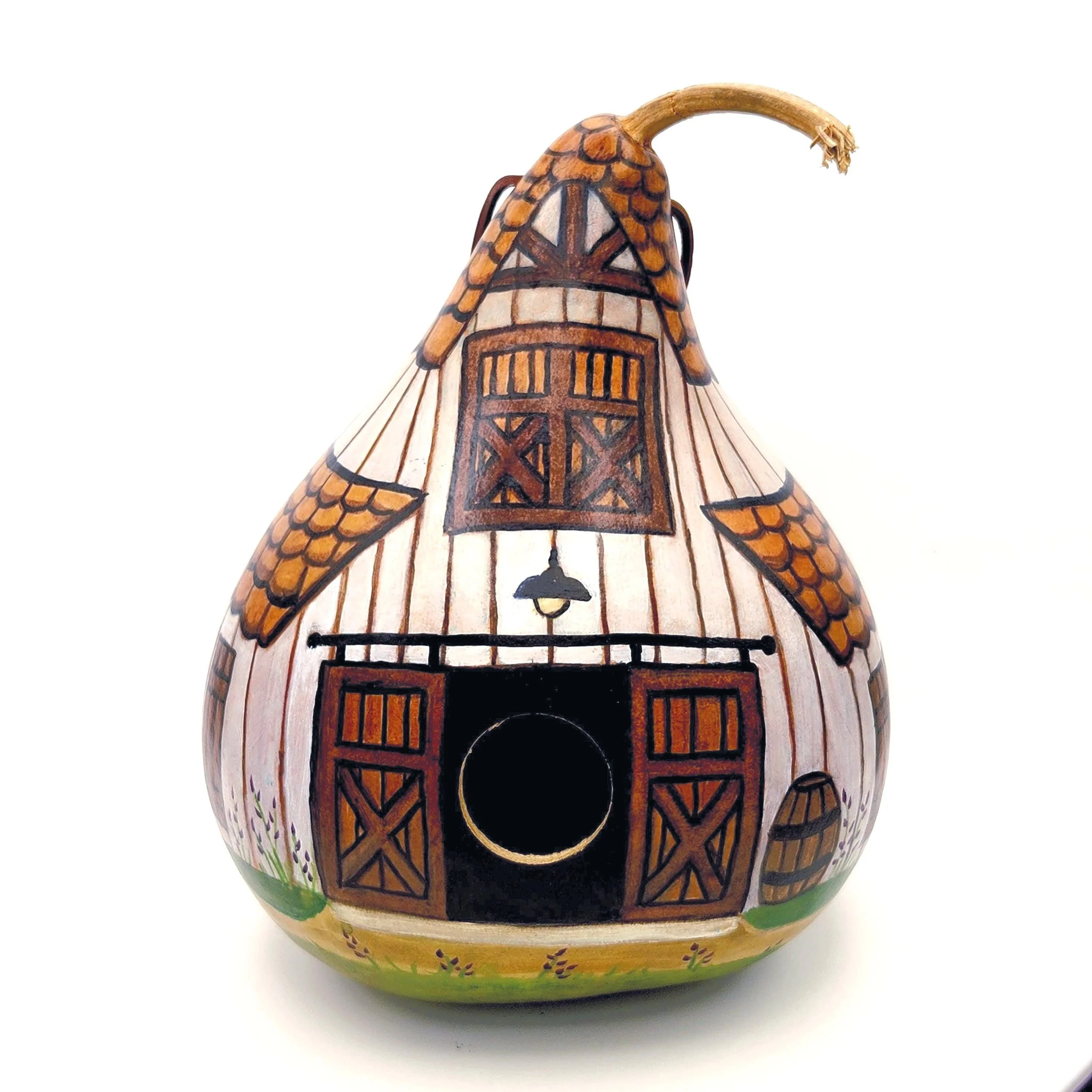 Detailed close-up of the White Barn Gourd Birdhouse, showcasing intricate brushwork and natural textures.