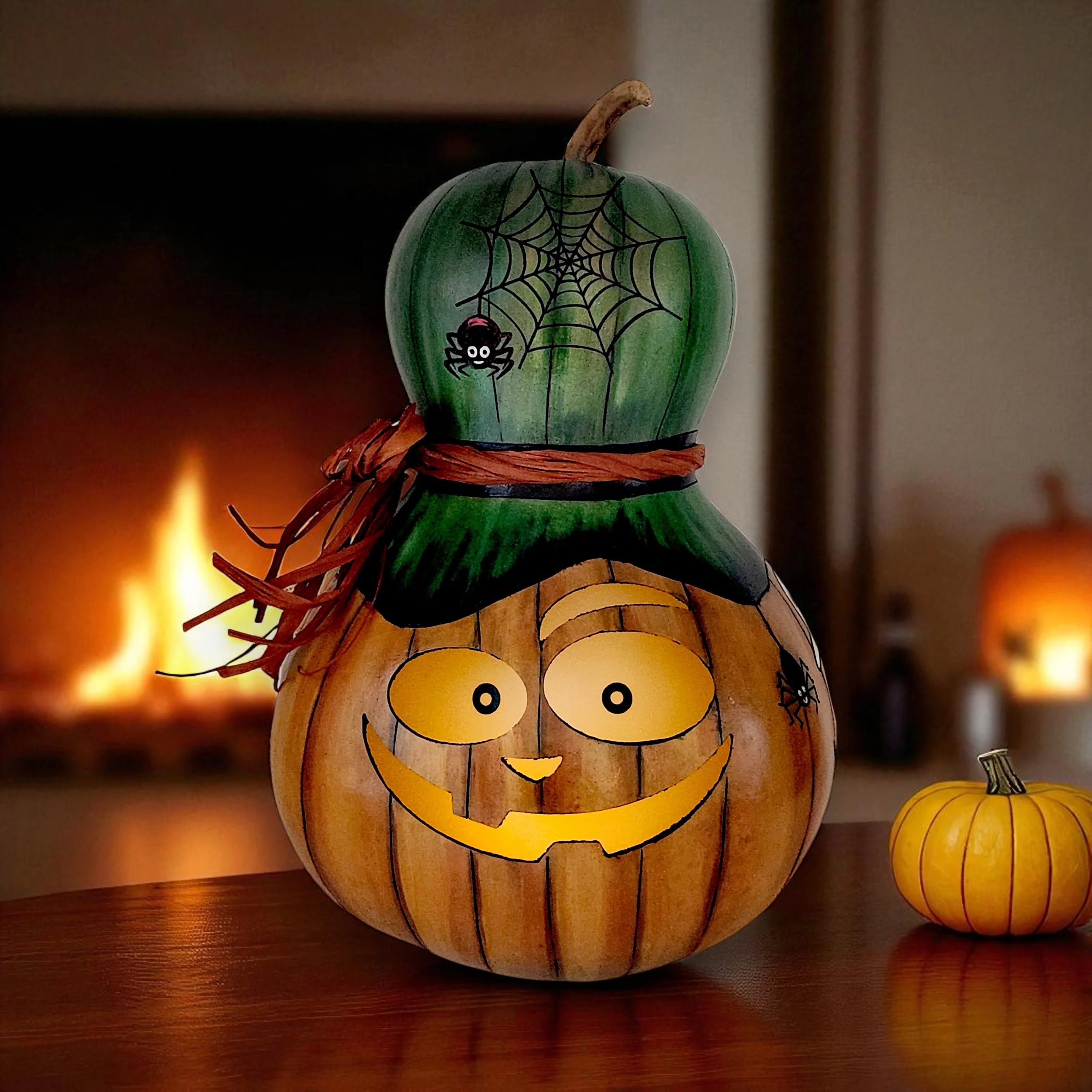 Front view of a glowing bottle gourd jack-o-lantern with a laser-engraved and hand wood-burned spider web design.