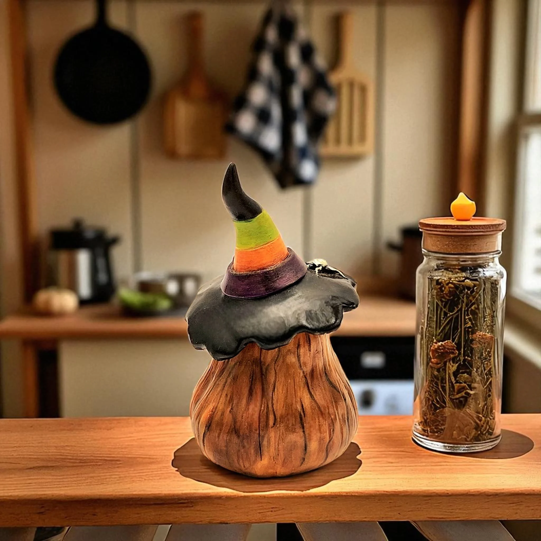 Rear view of the pumpkin witch, showing the smooth clay finish and the back of the vibrant hat. The spider’s legs curl over the brim, adding a spooky touch from behind.