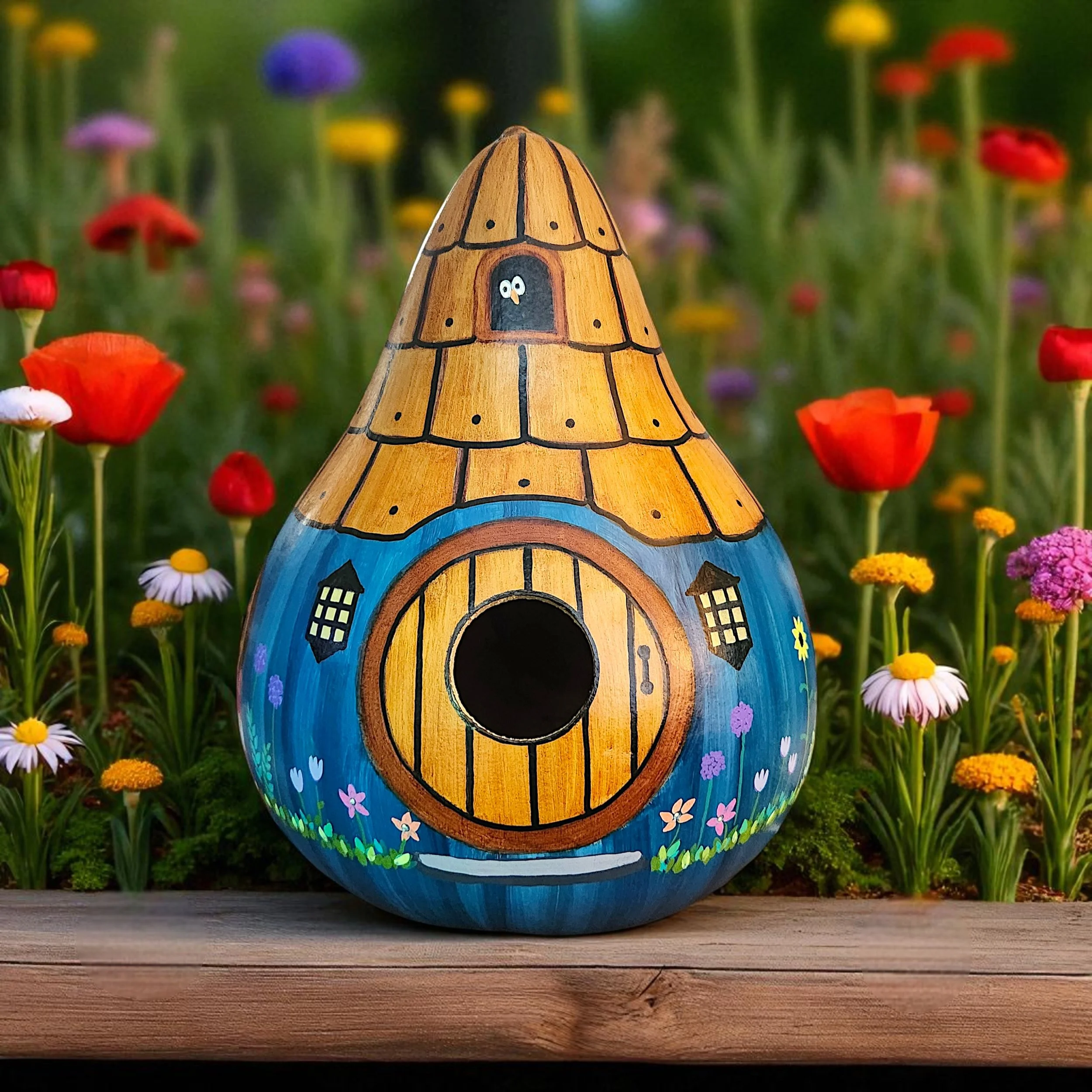 Handcrafted blue bottle gourd birdhouse with circular entry hole, featuring a light wooden shingle-style roof, hand-painted flower pots, and miniature garden tools near the base.