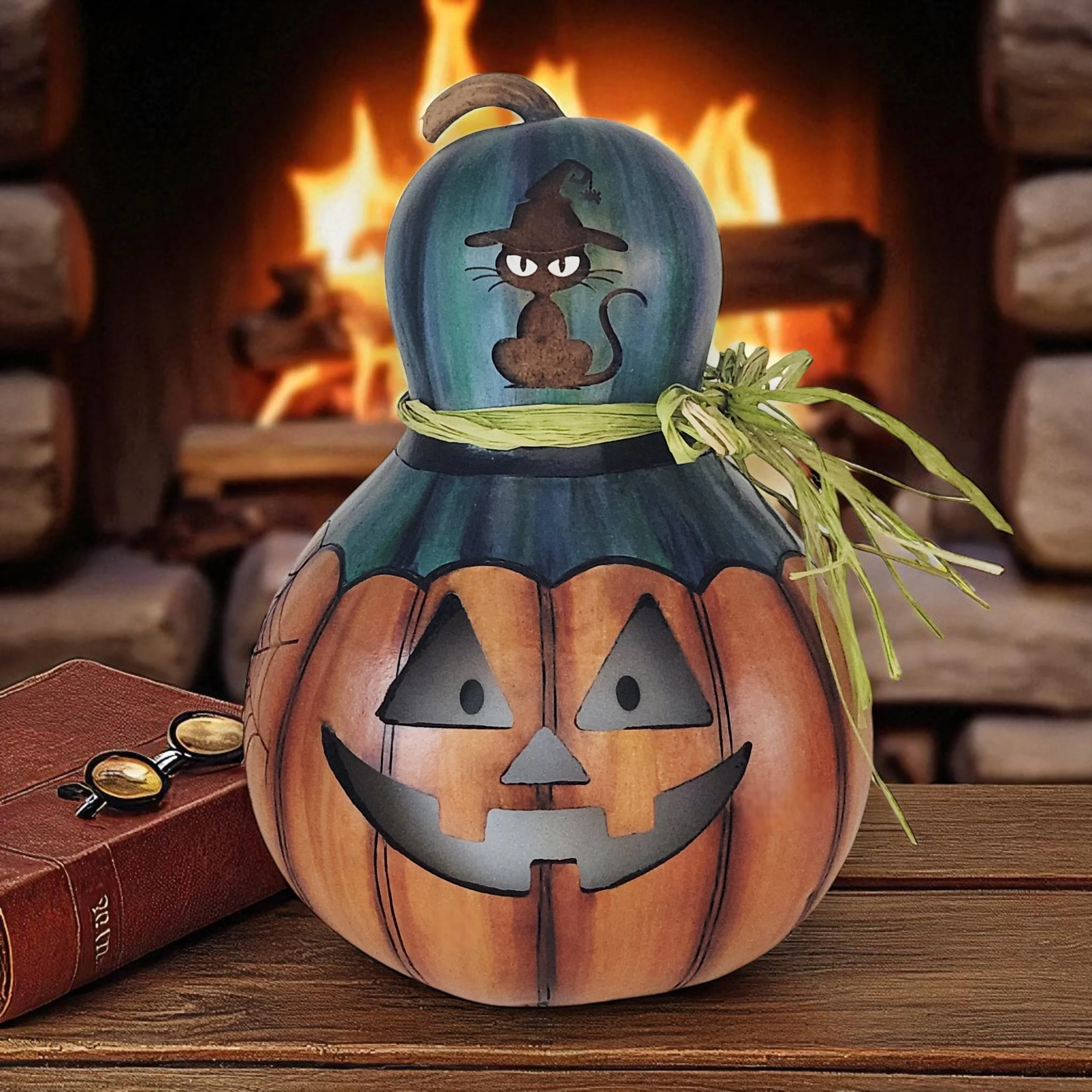 Closeup view of Jack-o-lantern gourd with vellum insert to provide a subtle flickering glow.