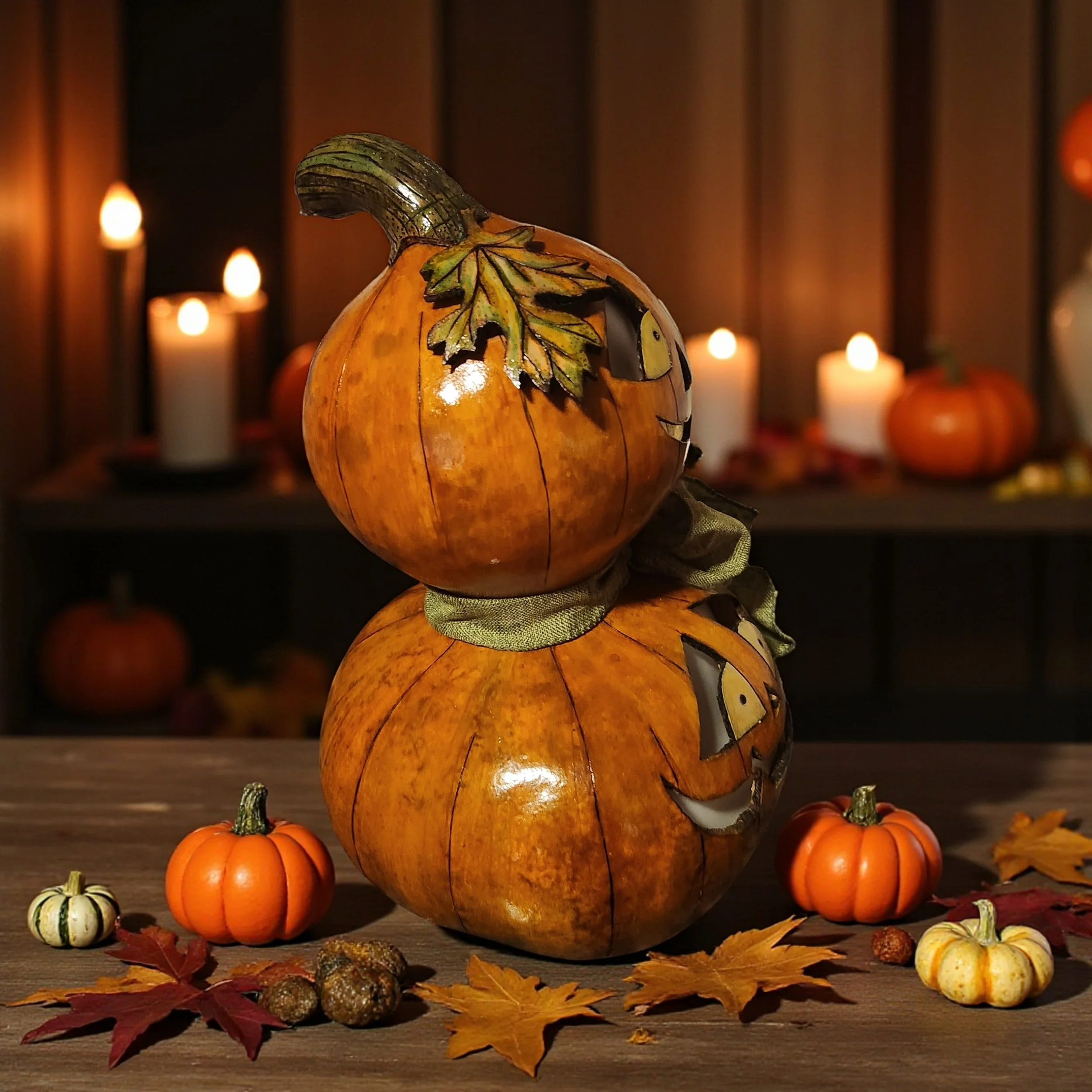 Side view of pumpkin stack featuring leaf-shaped cutout detail carved from a gourd, surrounded by autumn accents.