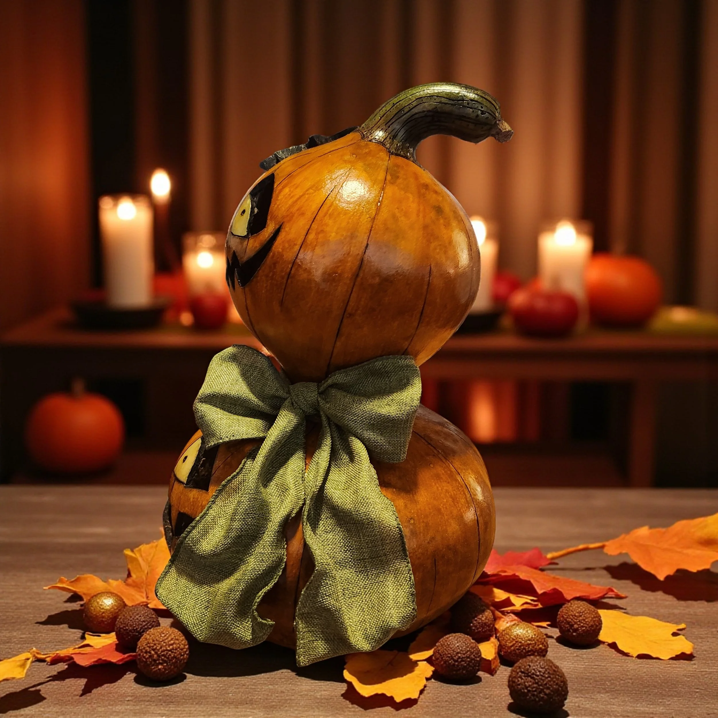 Side angle of stacked pumpkins highlighting green fabric ribbon tied around bottom jack-o-lantern’s neck.