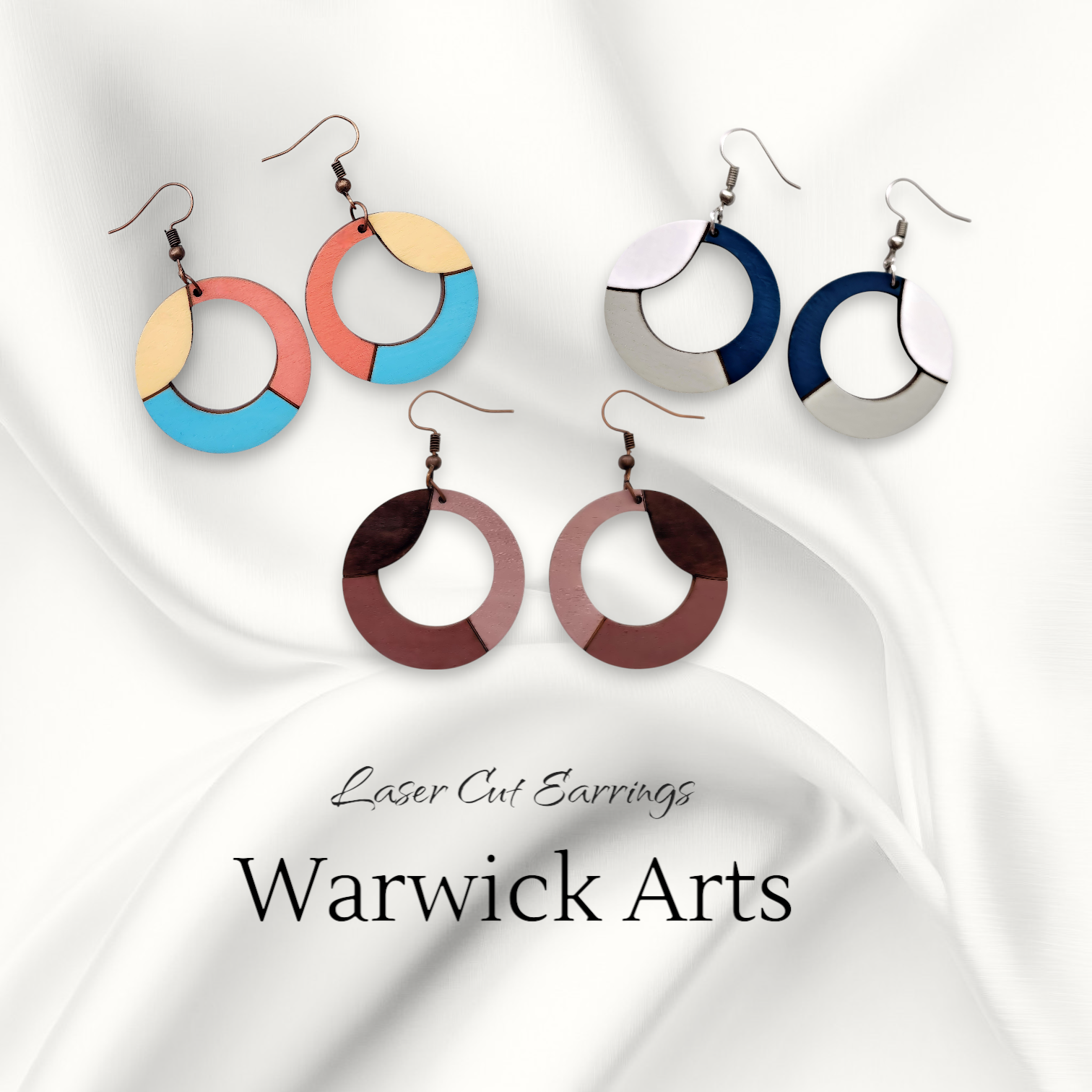 Laser-cut wood earrings in 3 different tri-color styles in a modern circular pattern, great for summer, beach or adding a splash of color to a special outfit.