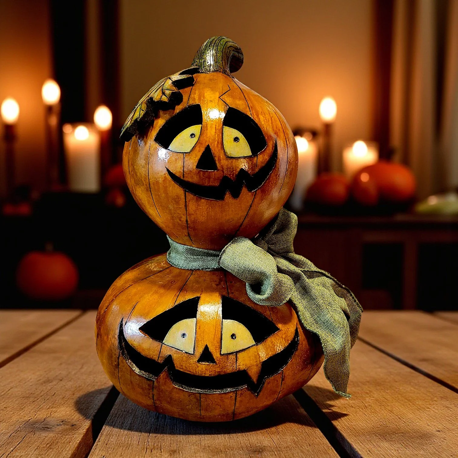 Front view of stacked jack-o-lantern Halloween decoration with glowing carved faces, autumn leaves, and green ribbon accent.