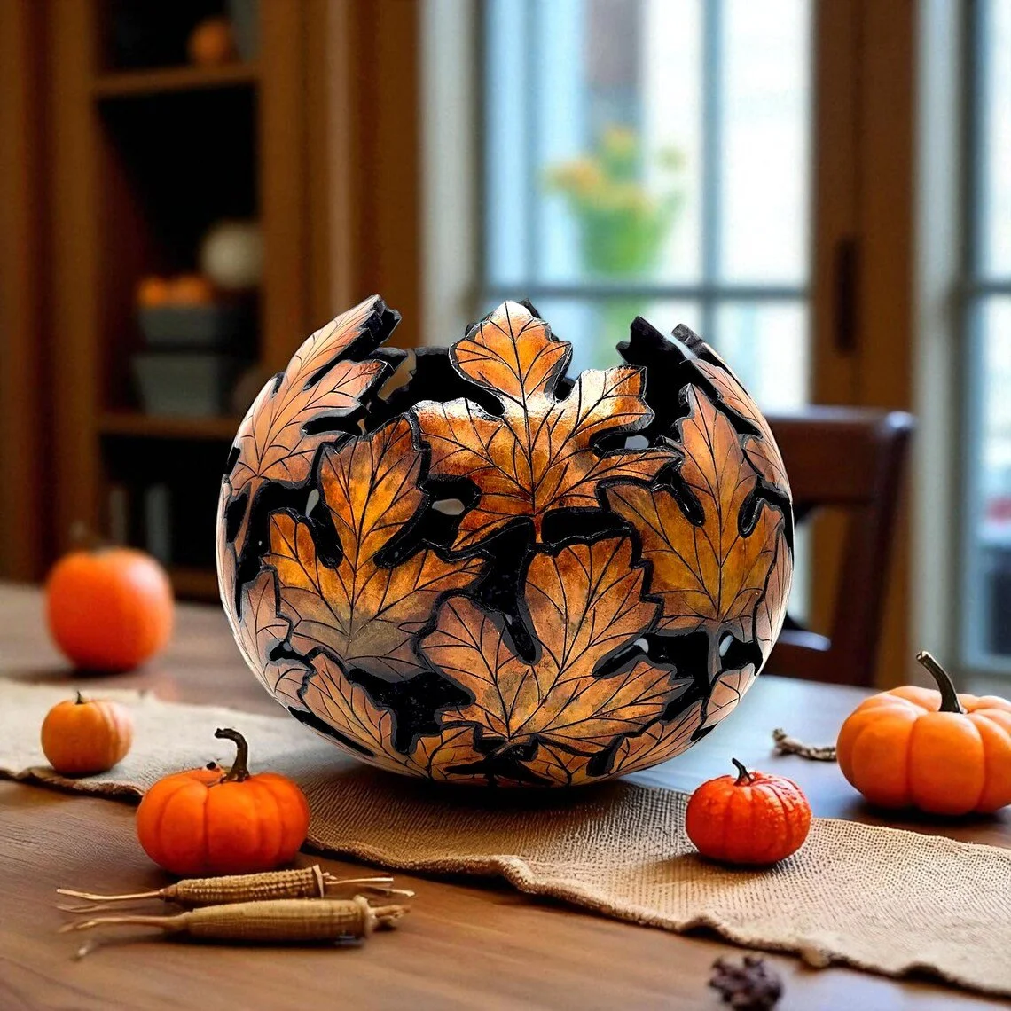 Handmade carved and wood burned Maple Leave Gourd decorative piece displayed on table with Fall decor.