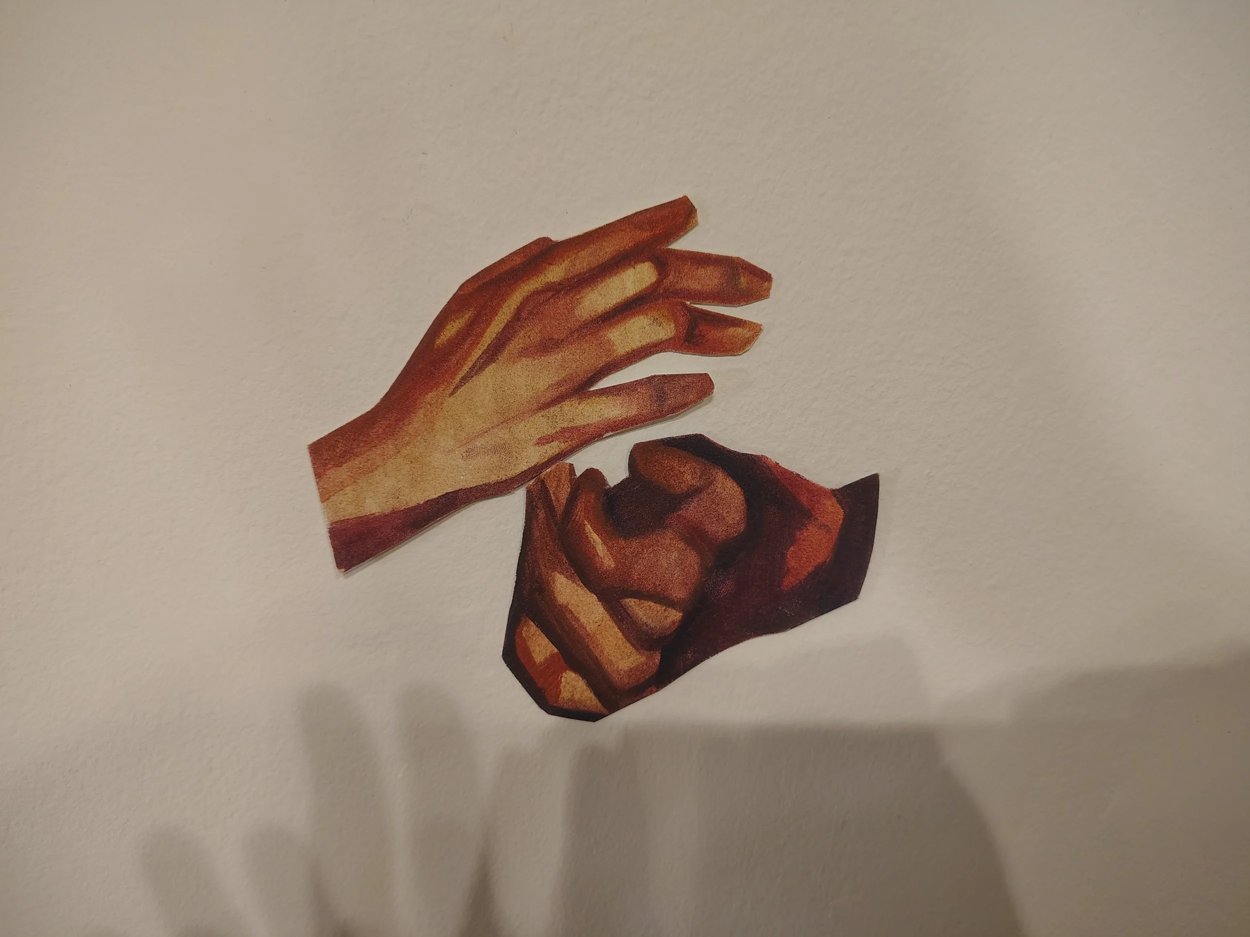 hands - oil paint on paper, 2 pieces; ~ 4.5 in x 5.5 in (combined)