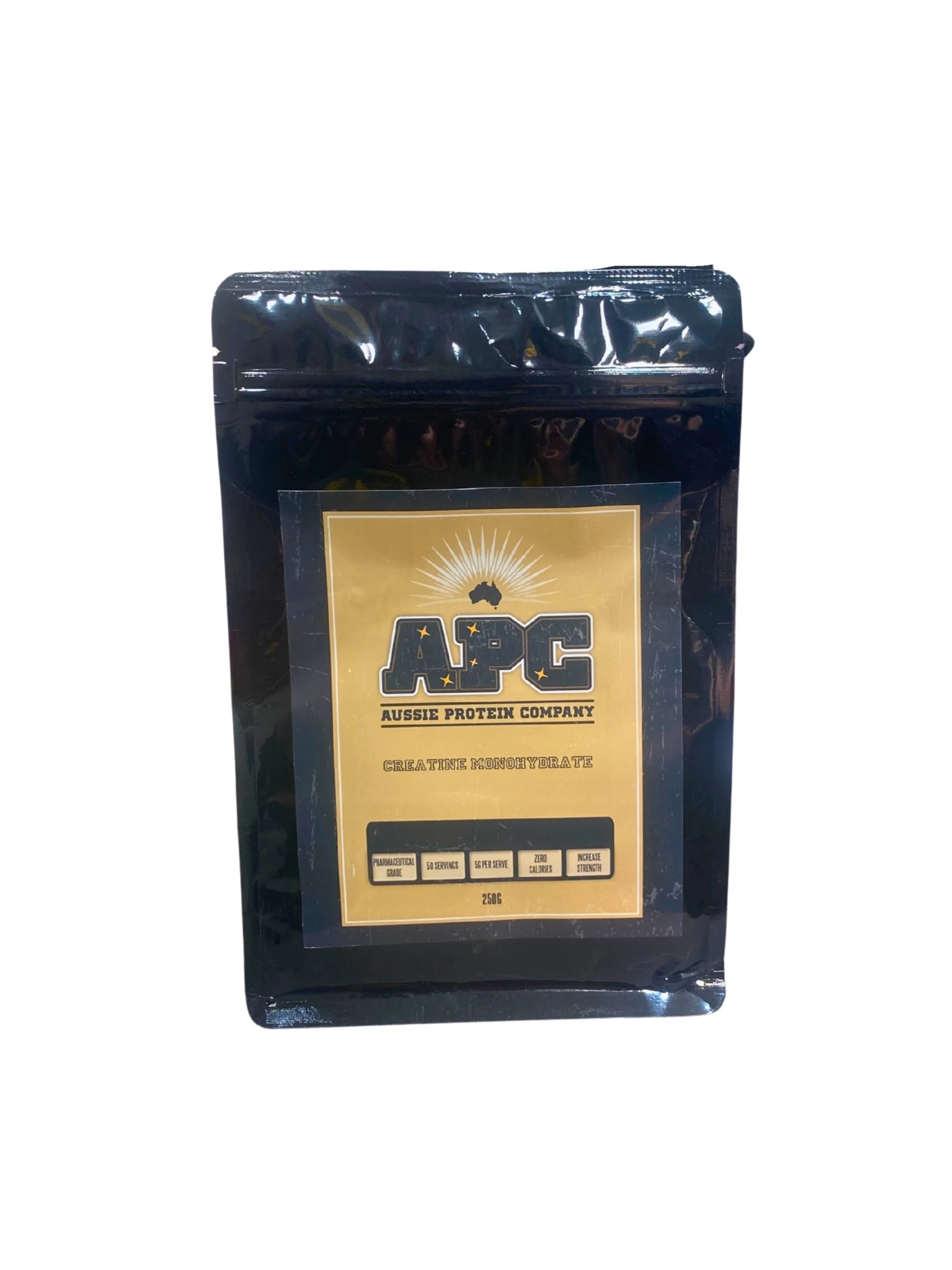 Packet of Aussie Protein Company creatine monohydrate supplement.