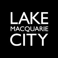 Text graphic with 'Lake Macquarie City' in white letters on a black background.