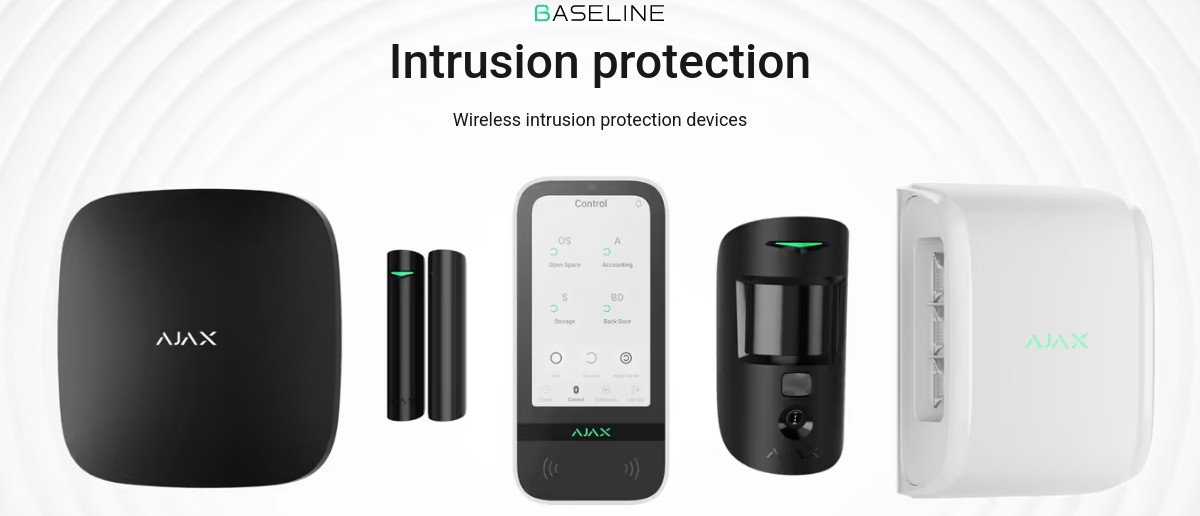 Wireless intrusion protection devices including a black control panel, two small black sensors, a smartphone screen showing security controls, a black motion detector, and a white siren with the AJAX logo.