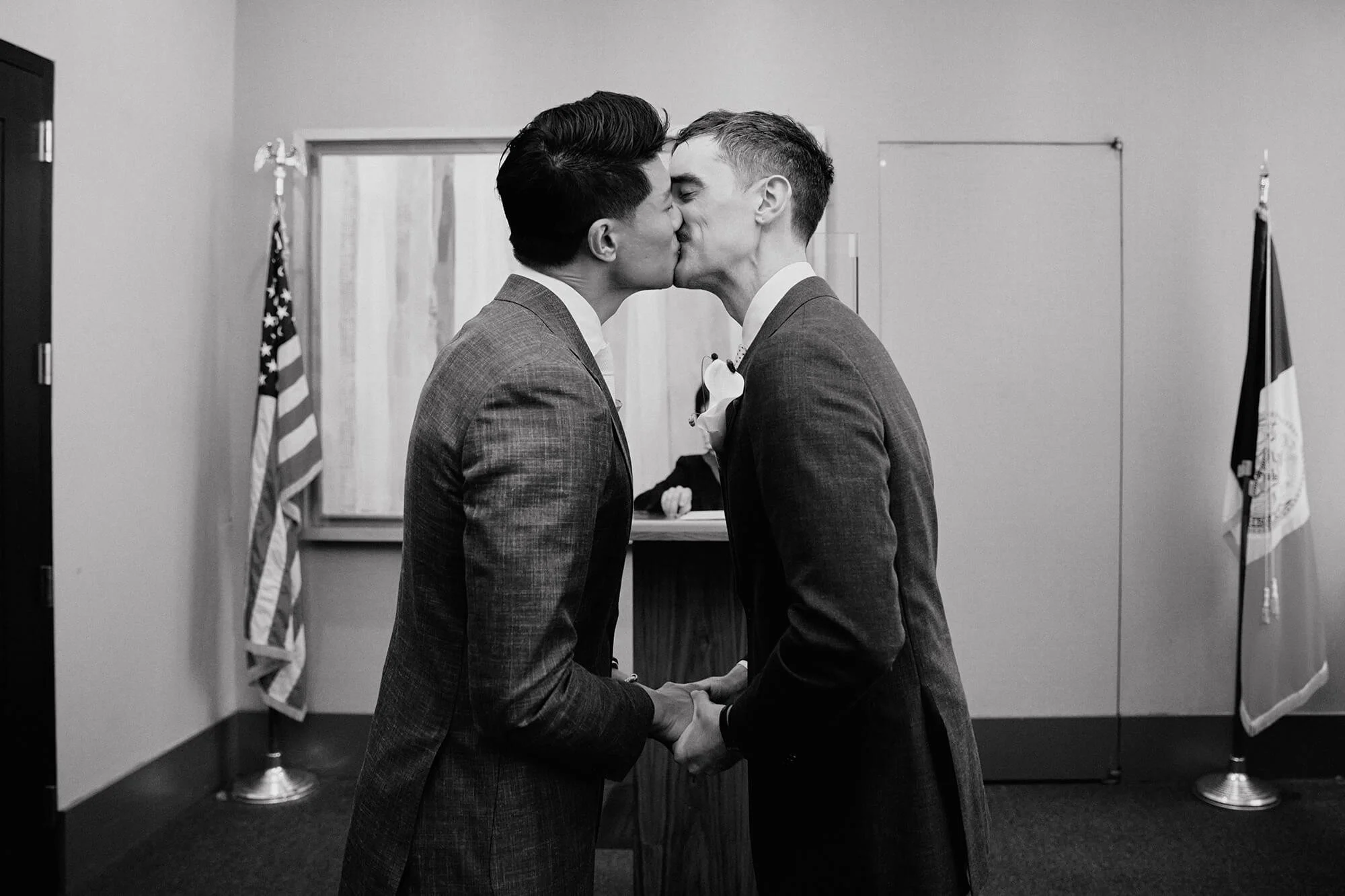 NYC City Hall wedding couple’s first kiss