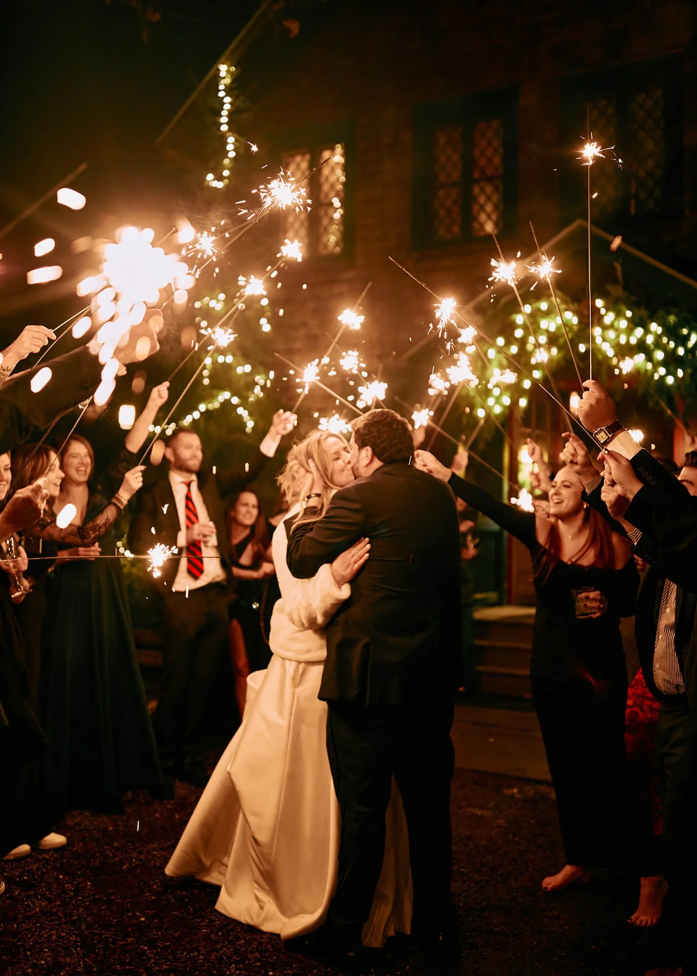 Wedding night celebration with couple and fires