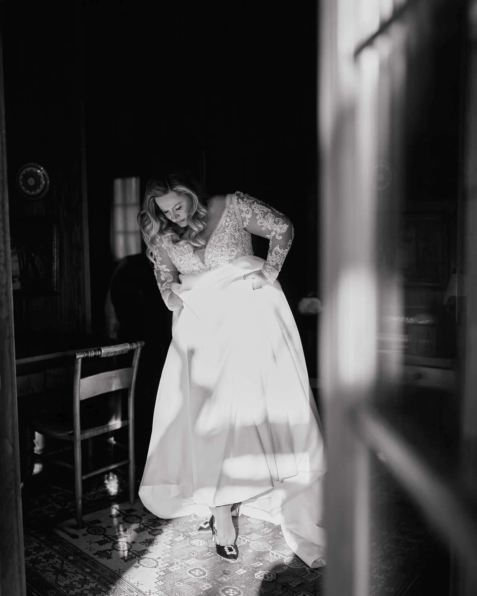 Candid bride getting ready moment, wedding morning