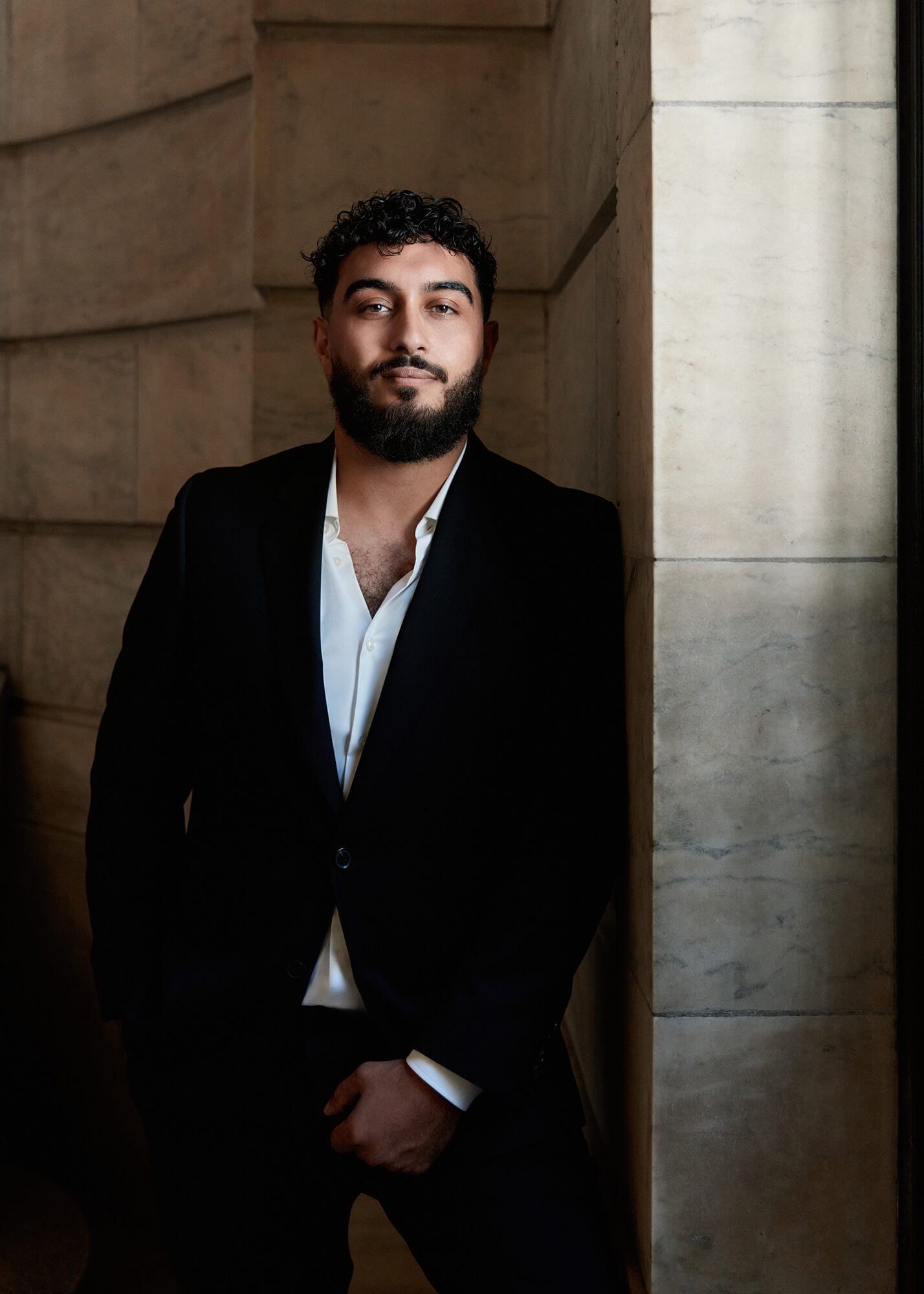 Groom engagement portrait at the New York Public Library in Manhattan