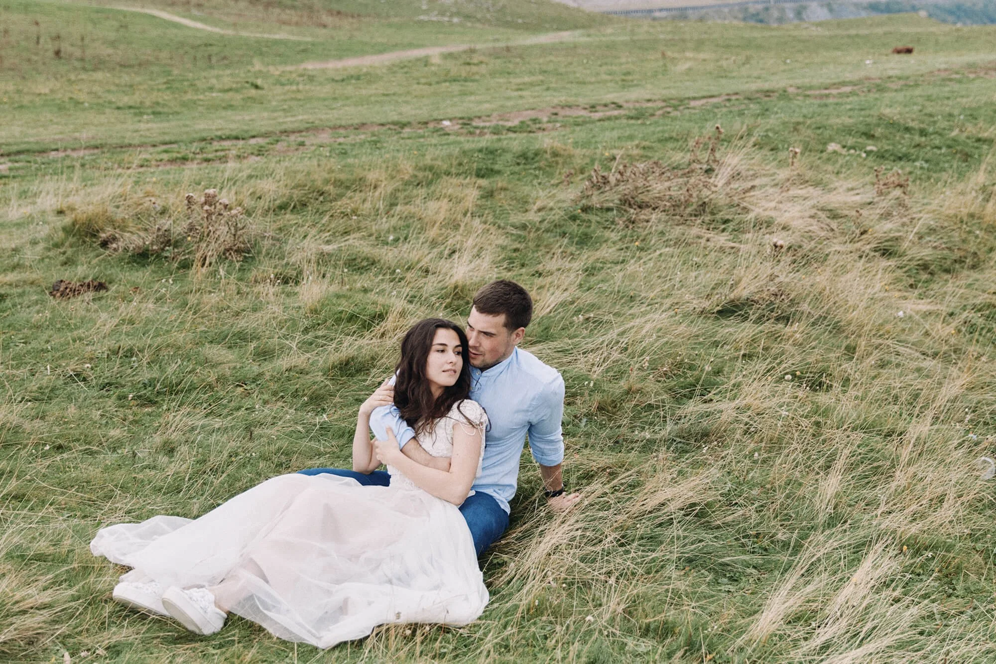 Newly engaged couple intimate black and white mountain portrait