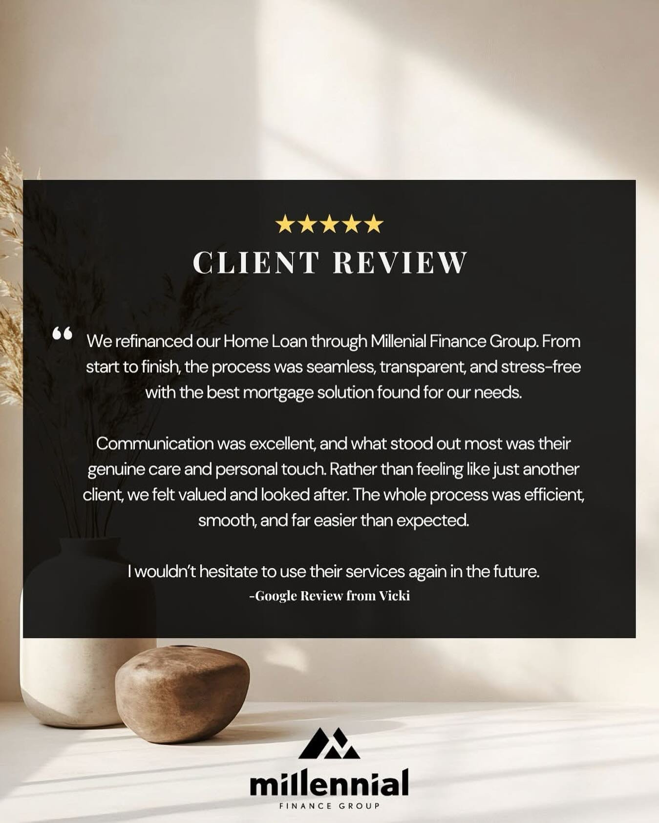 🌟 𝗖𝗹𝗶𝗲𝗻𝘁 𝗥𝗲𝘃𝗶𝗲𝘄 🌟

We love hearing feedback like this! Helping clients refinance with confidence and ease is what it&rsquo;s all about.
A huge thank you to our clients for the kind words &mdash; we&rsquo;re so glad the process felt seam