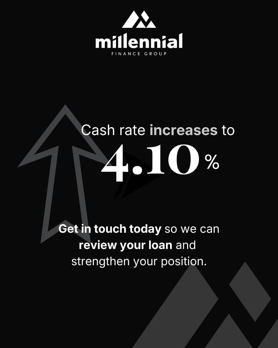 🚨 𝐂𝐚𝐬𝐡 𝐫𝐚𝐭𝐞 𝐧𝐨𝐰 𝐚𝐭 𝟒.𝟏𝟎%  and this impacts more than just your home loan. 🚨 

If you haven&rsquo;t reviewed your lending recently, now is the time.

At Millennial Finance Group we don&rsquo;t just look at one loan, we look at your e
