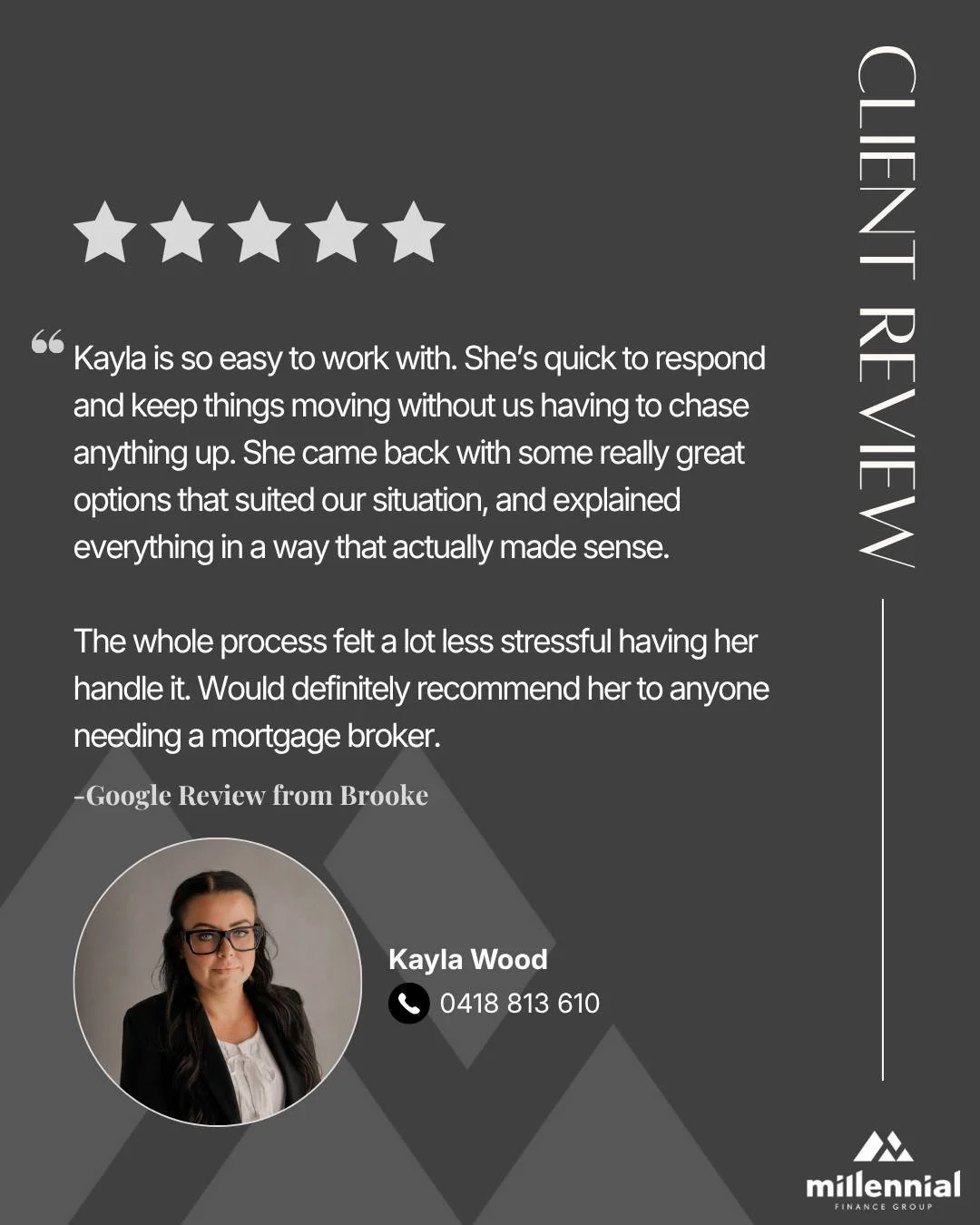 🌟 𝘾𝙡𝙞𝙚𝙣𝙩 𝙧𝙚𝙫𝙞𝙚𝙬 🌟

A huge thank you to Brooke for the kind words about Kayla! Helping our clients feel confident and supported every step of the way is exactly what we aim for 🏡✨

Looking to chat about your home loan options? Call Kayl