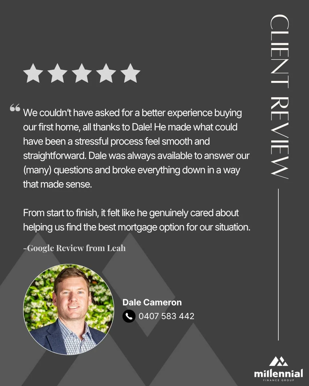 🌟 𝘾𝙡𝙞𝙚𝙣𝙩 𝙧𝙚𝙫𝙞𝙚𝙬 🌟

Buying your first home should feel exciting and we&rsquo;re so glad Dale could help make that happen! 🏡✨

Thank you Leah for the amazing feedback and for trusting us to be part of such a big milestone. Congratulation