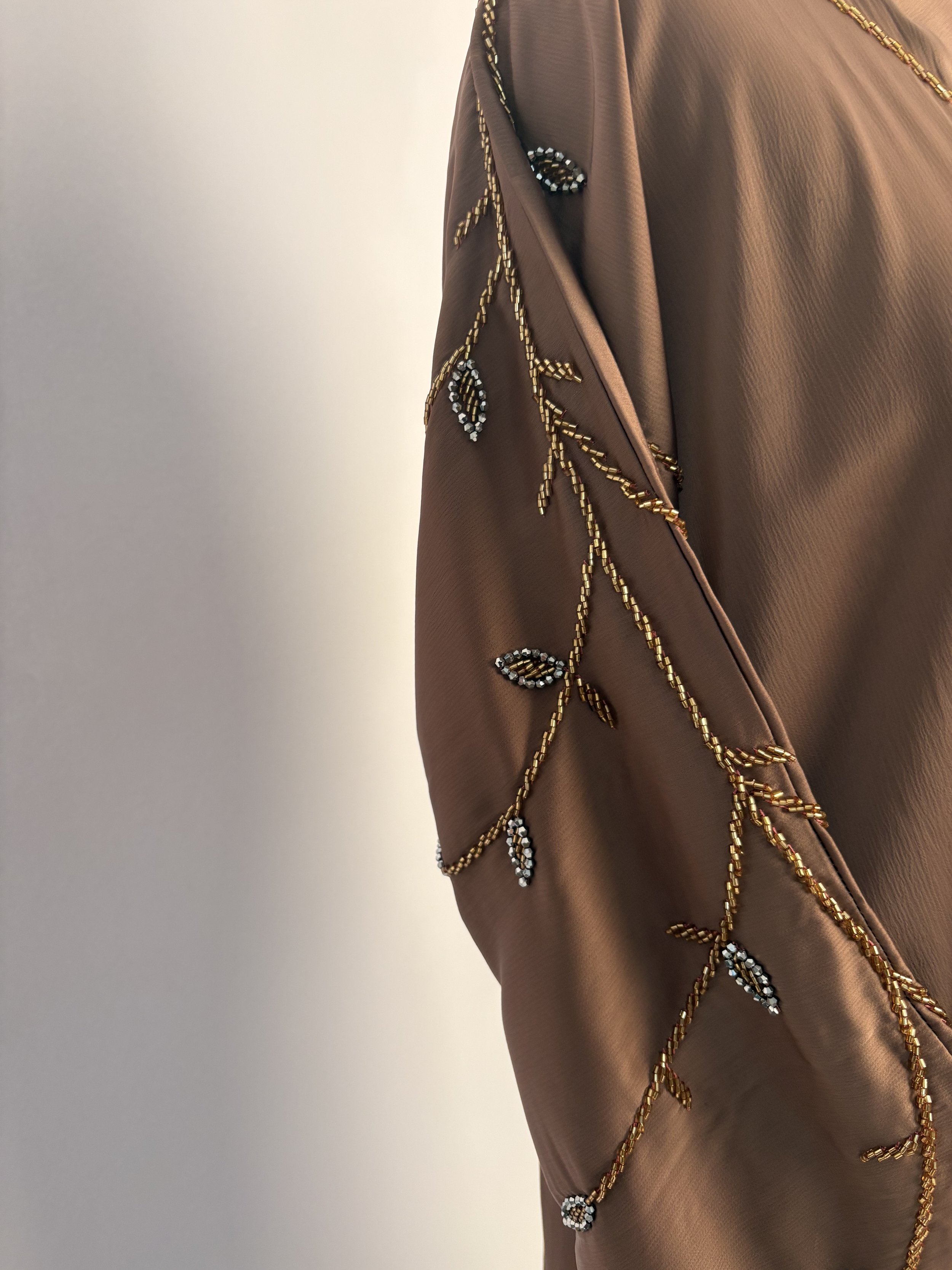 Chocolate Shoulder and Sleeve Beadwork Abaya