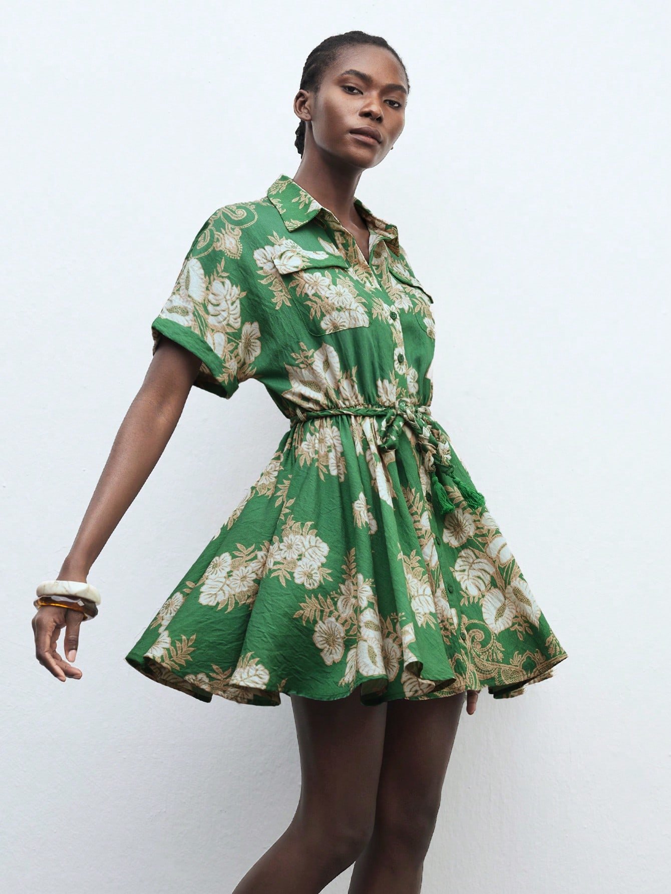 Vestido verde de verano para mujer con cuello, botones delanteros, cintura en línea A