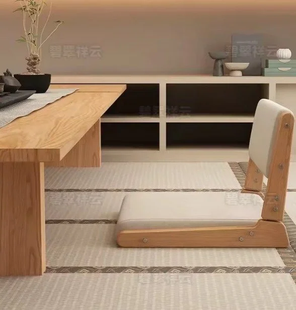 Mesa de té de troncos Tatami, asiento bajo simple, café pequeño, combinación de té y silla de madera maciza, sillas de comedor