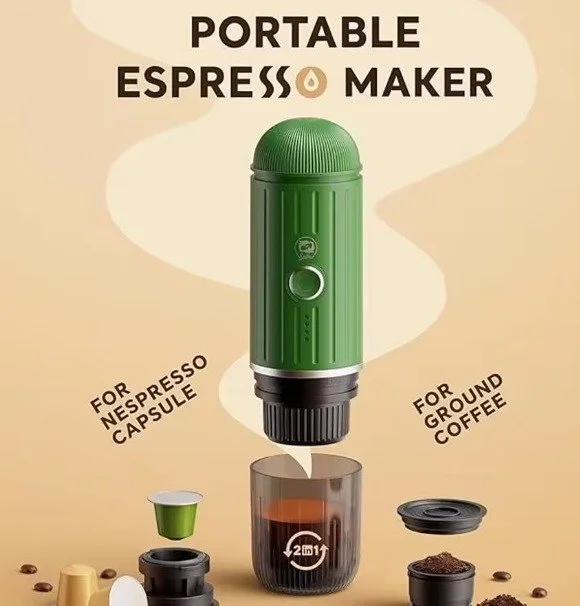 Cafetera autocalentable para coche de viaje, máquina de café expreso eléctrica portátil para acampar con café molido y cápsula NS