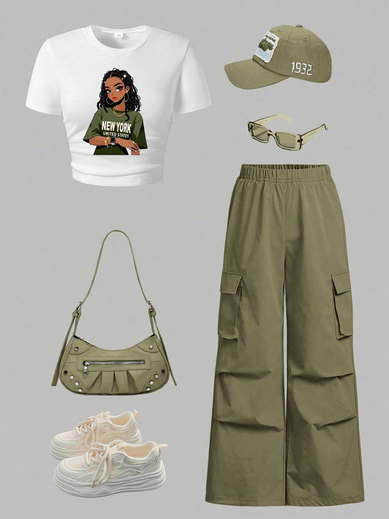 Conjunto de top de manga corta con estampado de dibujos animados y pantalones utilitarios para niñas preadolescentes