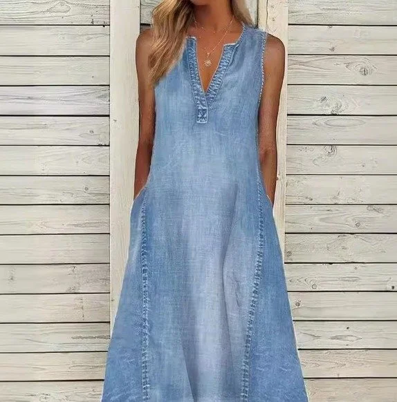 2025 Amazon Independent Station novedad de verano vestido vaquero informal holgado sin mangas con cuello en V de Color sólido