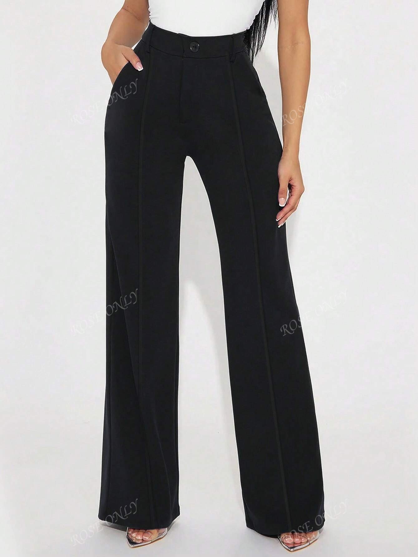 Pantalones rectos casuales de mujer de unicolor con botones frontales