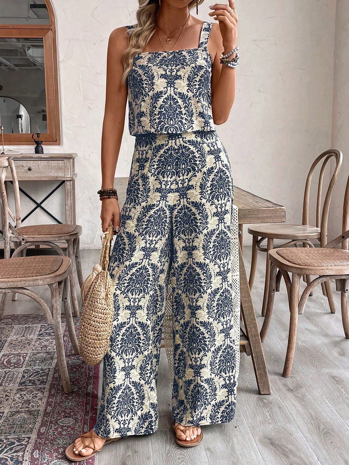 Set de 2 piezas para vestir en vacaciones, top tipo camiseta + pantalones estampados para mujer