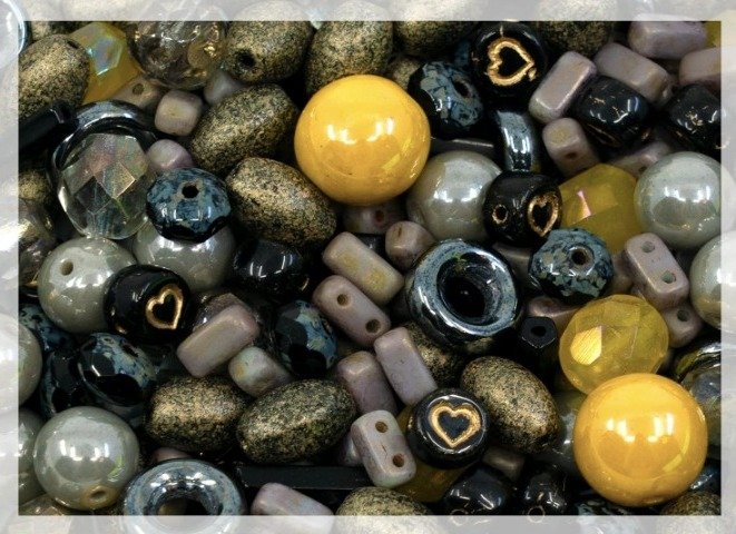 Mezcla de cuentas prensadas de vidrio de Bohemia checa, mate y brillante, hechas a mano, color gris y amarillo brillante de 2.1 oz (60 g)