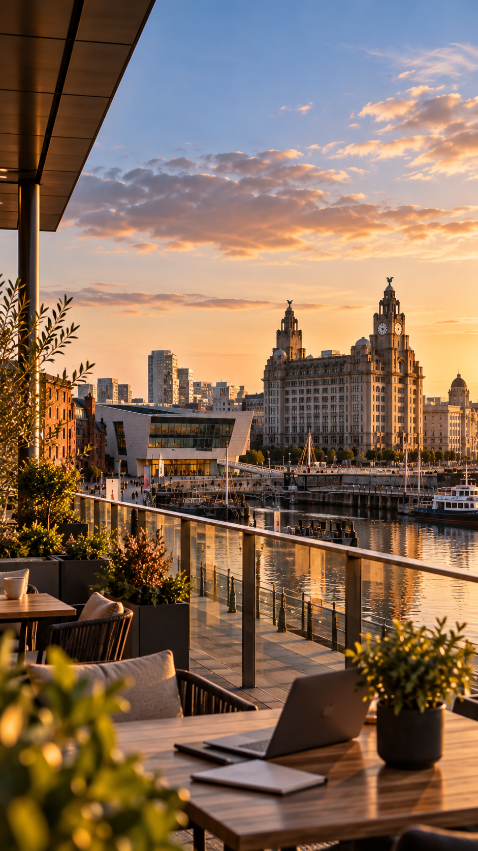 Liverpool waterfront terrace at golden hour
