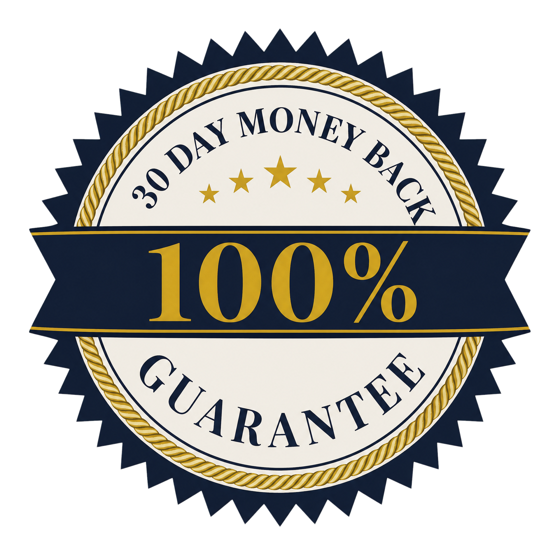 Seal with blue background, gold rope border, and text indicating 30 days money back guarantee, 100% satisfaction, and warranty.