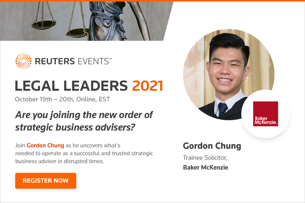 Flyer for REUTERS EVENTS titled 'LEGAL LEADERS 2021,' scheduled October 19-20 online, featuring speaker Gordon Chung, a trainee solicitor at Baker McKenzie. Includes a professional photo of Gordon Chung, a logo of Baker McKenzie, and a prominent 'REG